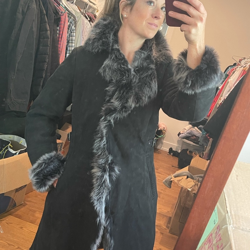 Soft suede fur lined jacket with fur collar detail